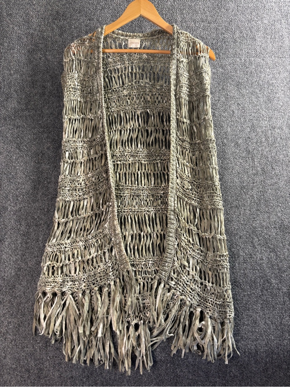 Chico's sage Green Crochet Fringe Vest
